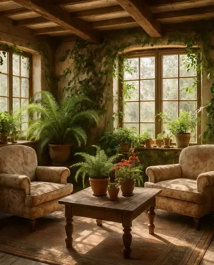 vintage indoor garden — living room (rural)