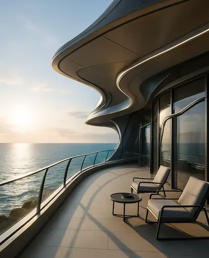 futuristic hotel — balcony (coastal)