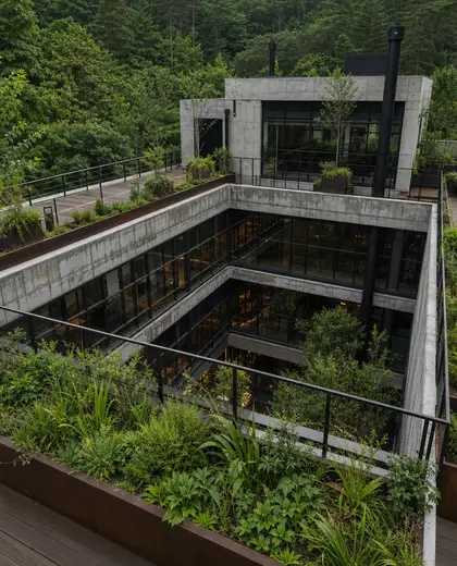 industrial rooftop garden — atrium (forest)