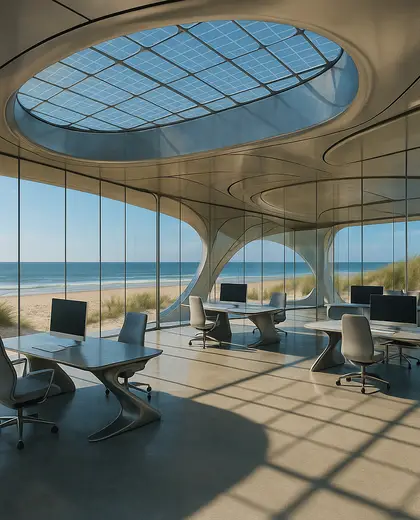 futuristic hotel — open office (beach)