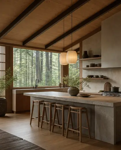 japandi church — kitchen (forest)