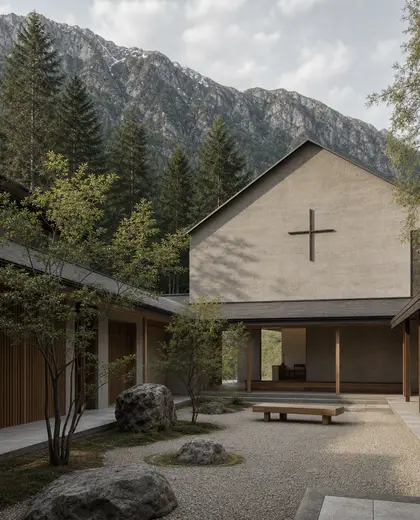 japandi church — courtyard (mountain)