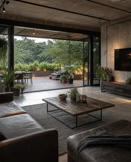 industrial rooftop garden — living room (forest)
