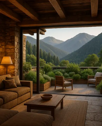rustic rooftop garden — living room (mountain)