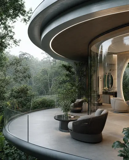futuristic salon — balcony (forest)
