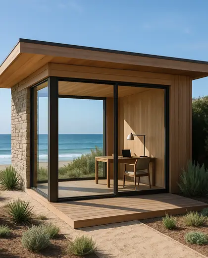 contemporary backyard — home office (beach)