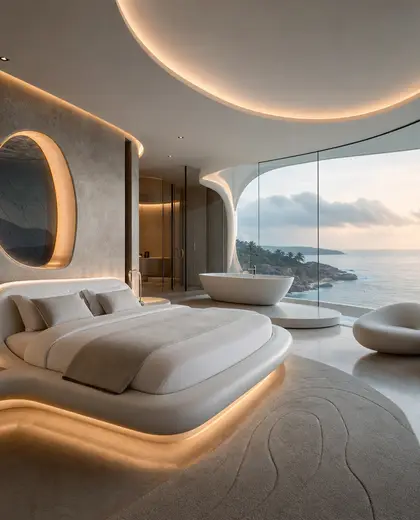 futuristic hotel — bedroom (coastal)