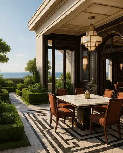 art deco rooftop garden — formal dining room (coastal)