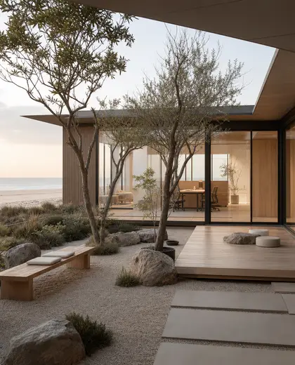 japandi office space — courtyard (beach)