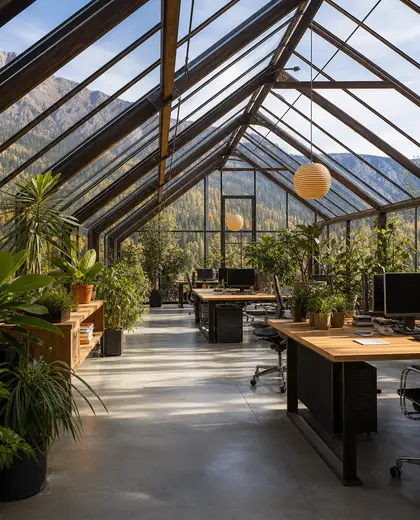 mid-century modern greenhouse — open office (mountain)