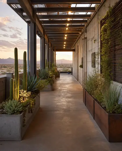 industrial rooftop garden — hallway (desert)