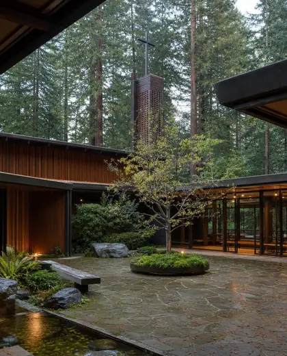 mid-century modern church — courtyard (forest)