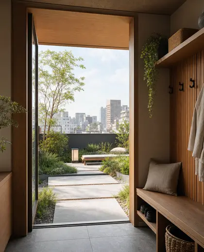 japandi rooftop garden — mud room (urban)