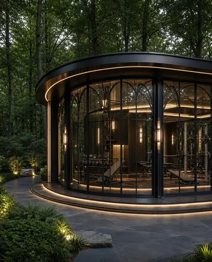art deco backyard — home gym (forest)