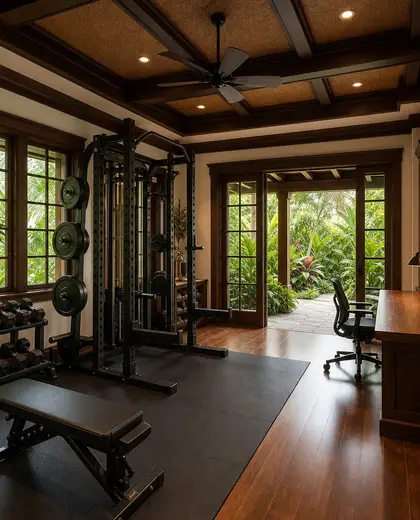 craftsman office space — home gym (tropical)