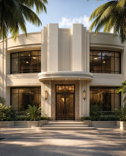 art deco facade — coworking space (tropical)