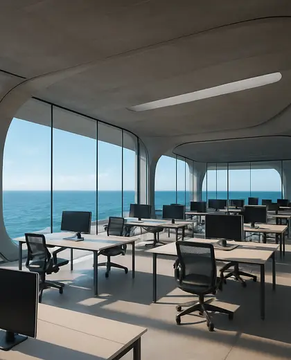 futuristic apartment — open office (ocean)