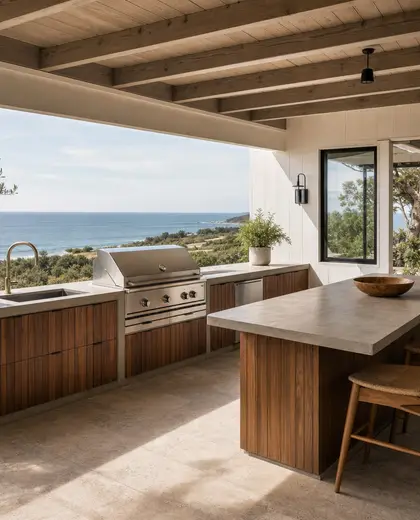 mid-century modern farmhouse — outdoor kitchen (ocean)