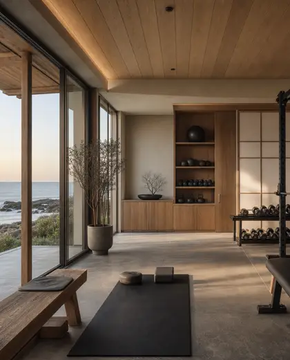 japandi public space — home gym (coastal)