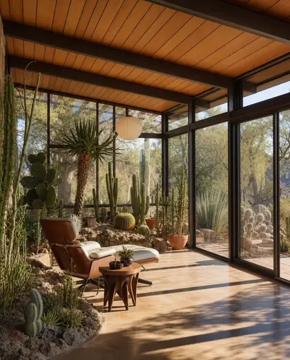 mid-century modern indoor garden — sunroom (desert)