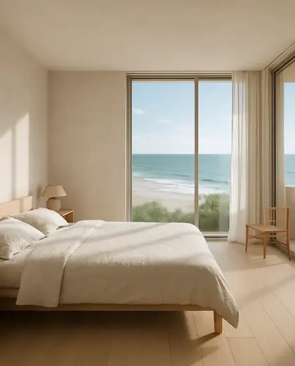 minimalist apartment — bedroom (coastal)