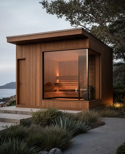 mid-century modern facade — sauna (coastal)