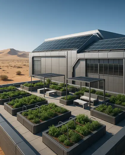 futuristic rooftop garden — warehouse (desert)