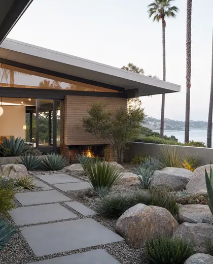mid-century modern backyard — winter garden (coastal)