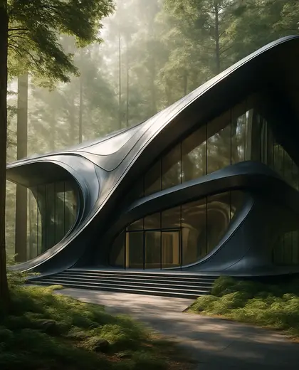 futuristic facade — main hall (forest)