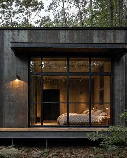 industrial facade — guest room (forest)