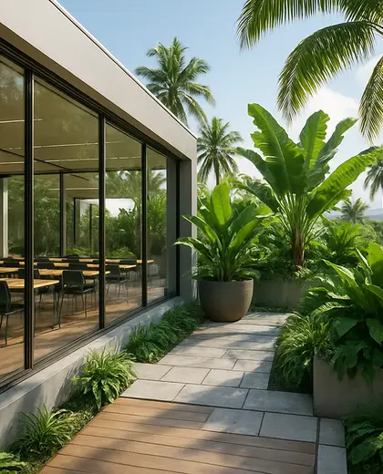 modern rooftop garden — training room (tropical)