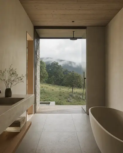 minimalist hotel — bathroom (rural)