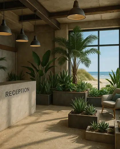 industrial indoor garden — reception (beach)