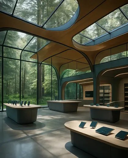 futuristic store — main hall (forest)