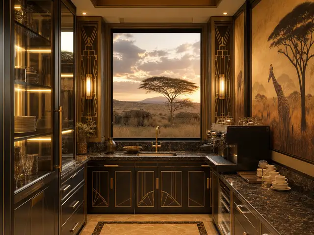 Art déco encontra a savana em uma elegância quente e gráfica