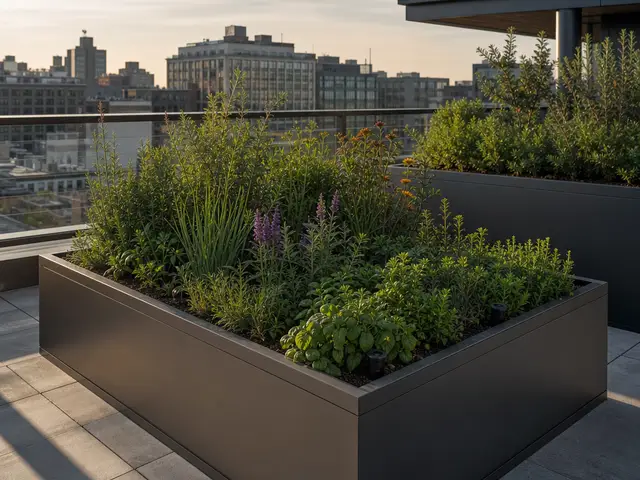 Moderne tagterrasse med rene linjer og lette materialer