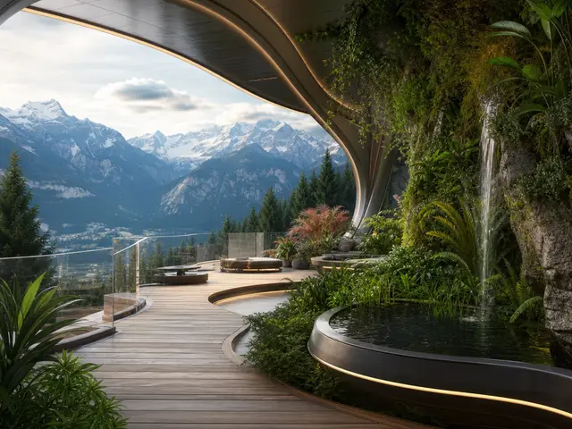 Jardim interno com linguagem futurista