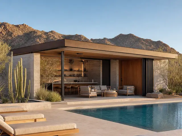 Caseta de piscina con presencia arquitectónica