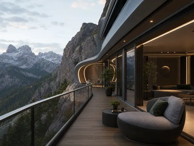 Futuristisk arkitektur i bjerglandskabet