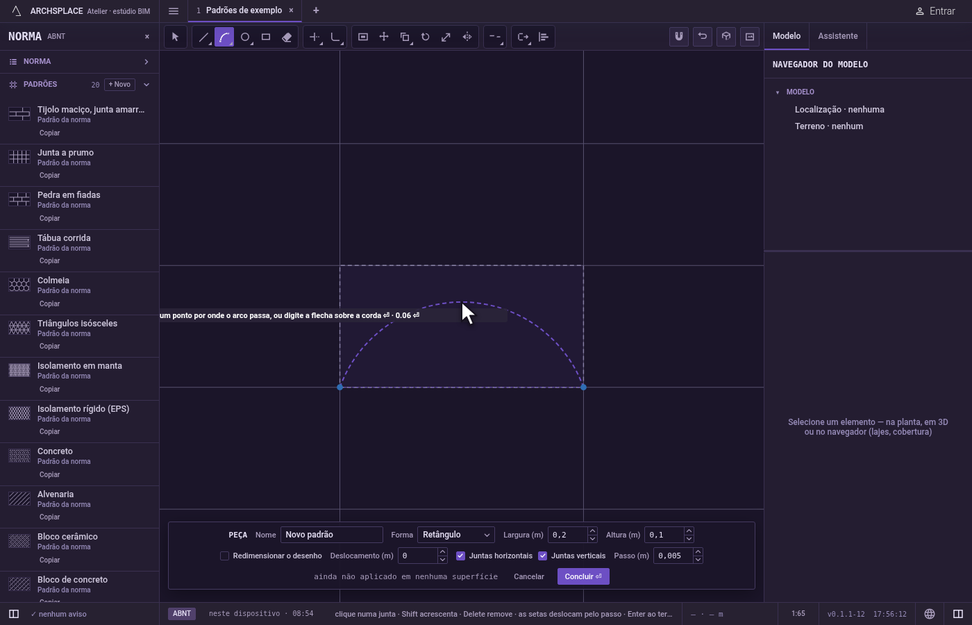 Dê forma à curva. Mova o cursor: a prévia se curva para passar por ele, desenhada como arco, com a reta entre as pontas mostrada como referência.