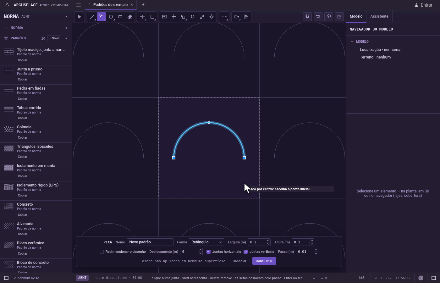Trace o próximo ou termine. O arco fica, selecionado, e a ferramenta espera um novo início.