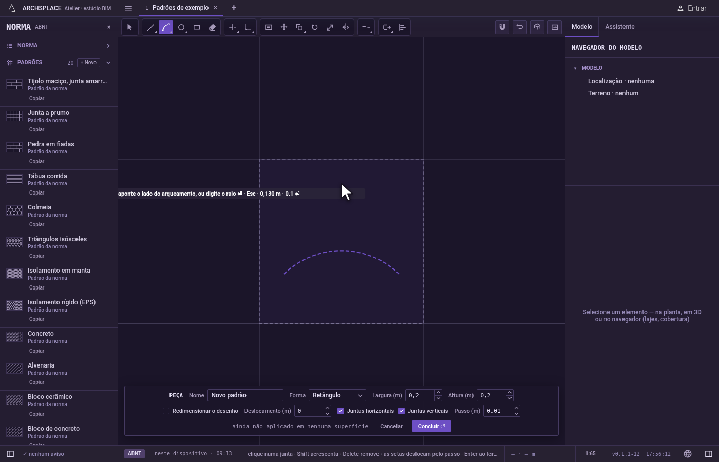 Dê o lado e o raio. Uma prévia do arco acompanha o cursor, abaulada para o lado dele.
