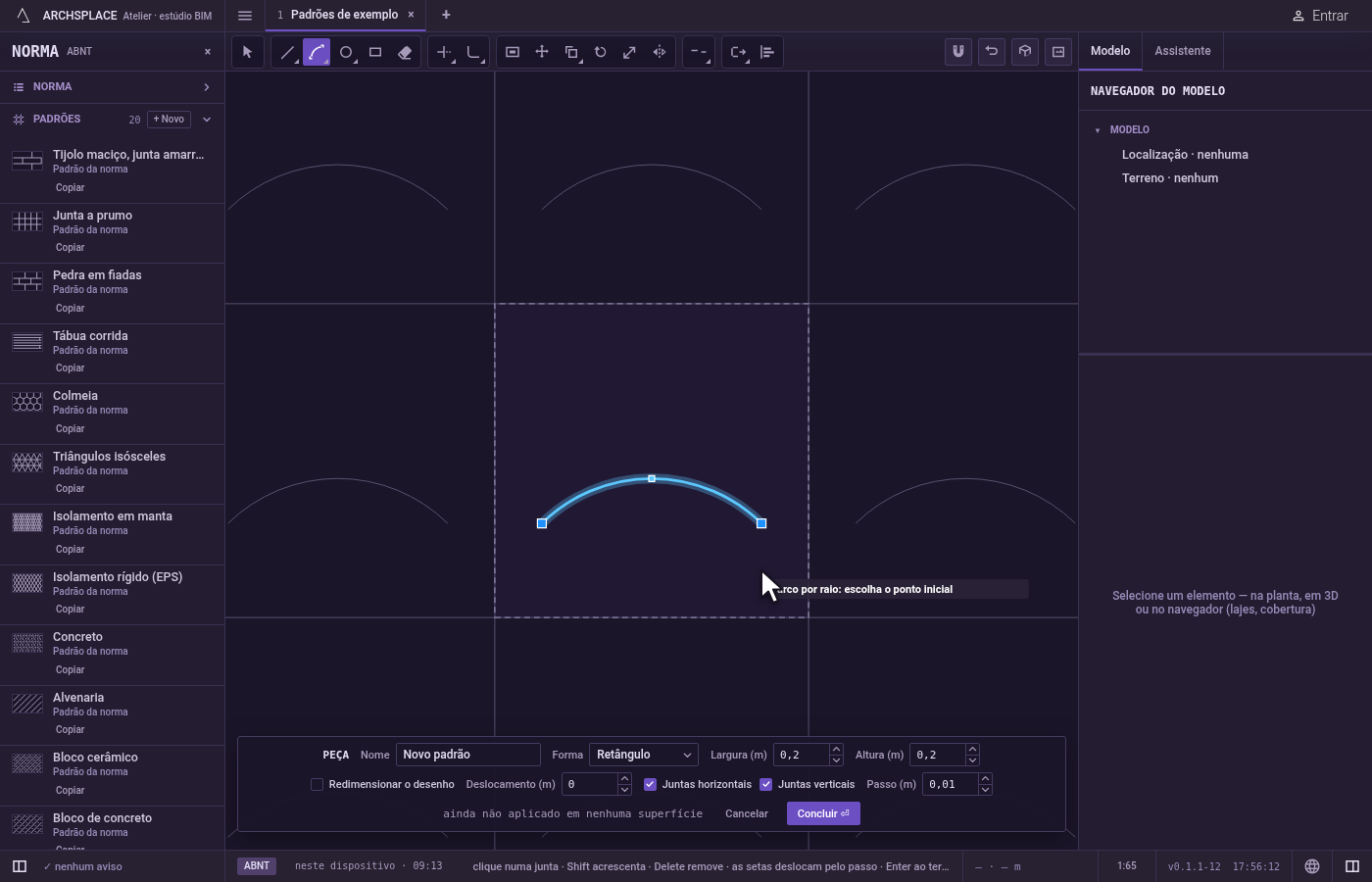 Trace o próximo ou termine. O arco fica, selecionado, e a ferramenta espera um novo início.