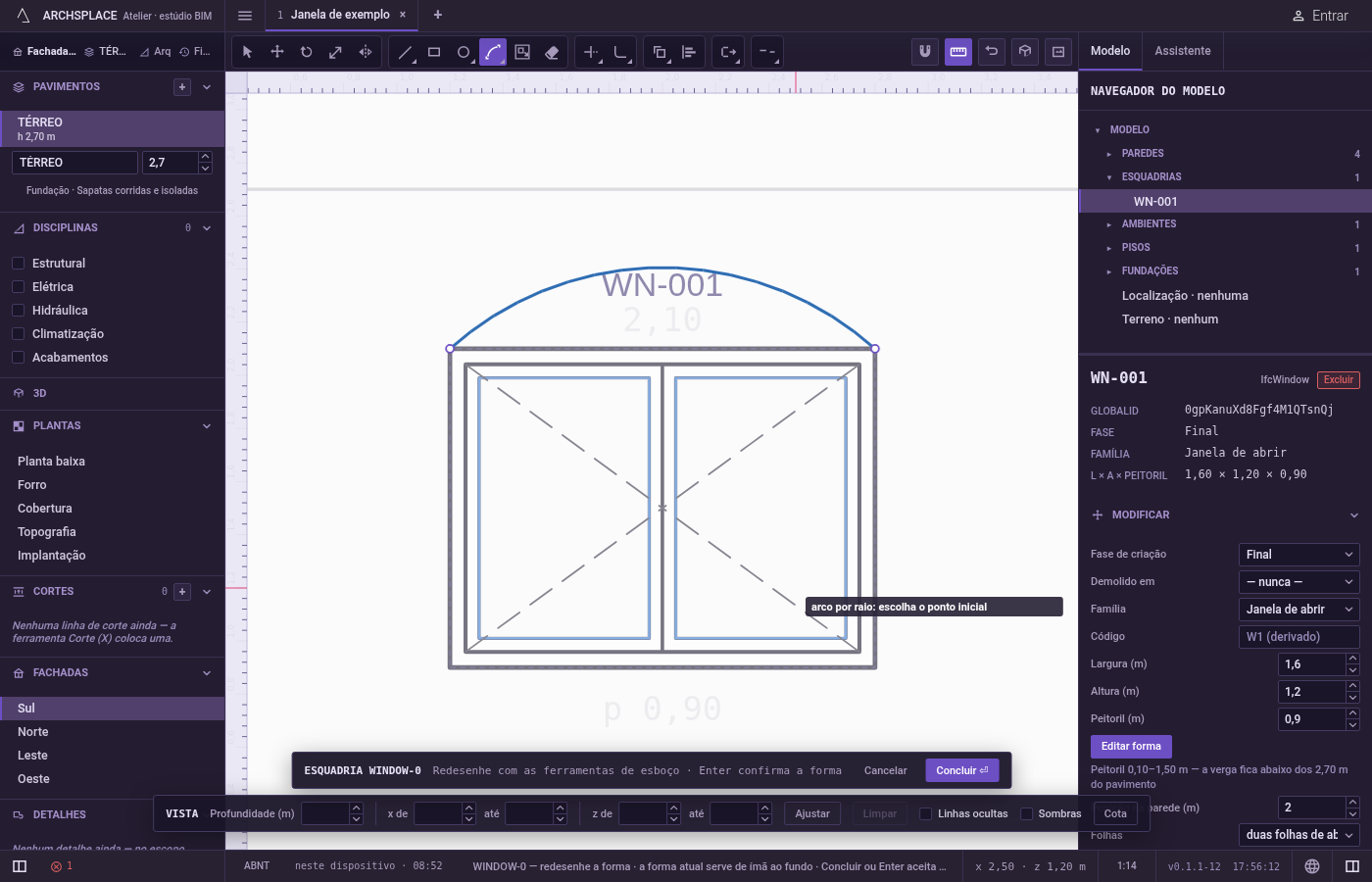 Ou digite o raio. Mantenha o cursor do lado para onde o arco deve se curvar, digite o raio nas unidades do projeto e aperte Enter.