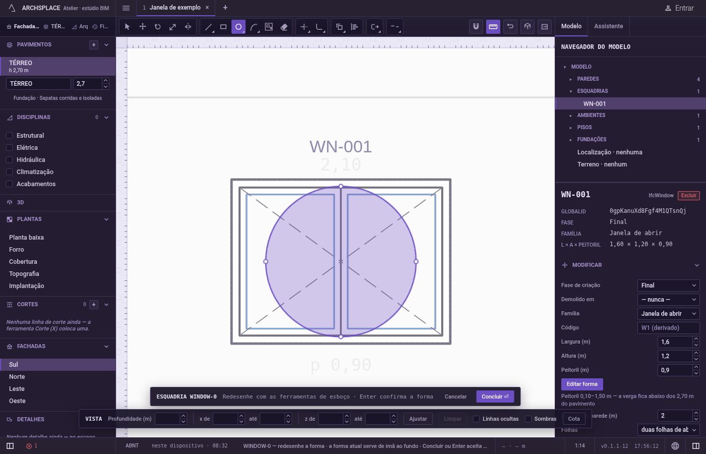 Clique num ponto do círculo. Uma prévia do círculo e o raio acompanham o cursor, e a dica mostra o raio, como r 0,40 m num projeto métrico.