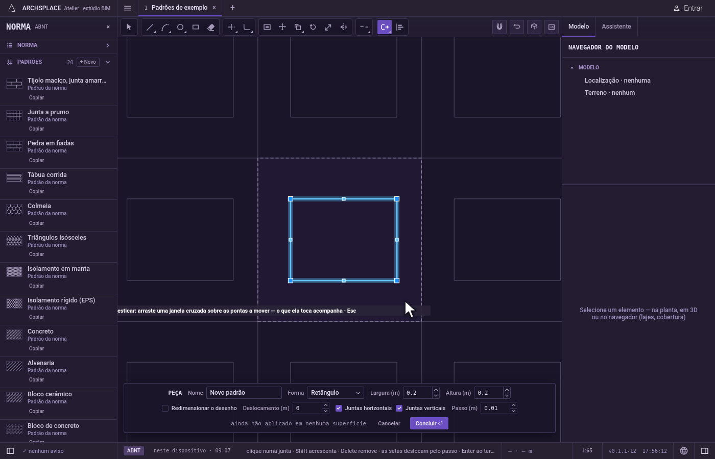 Dê o destino. Uma prévia das juntas esticadas acompanha o cursor, e a dica mostra quanto ela anda na horizontal, na vertical e no total.