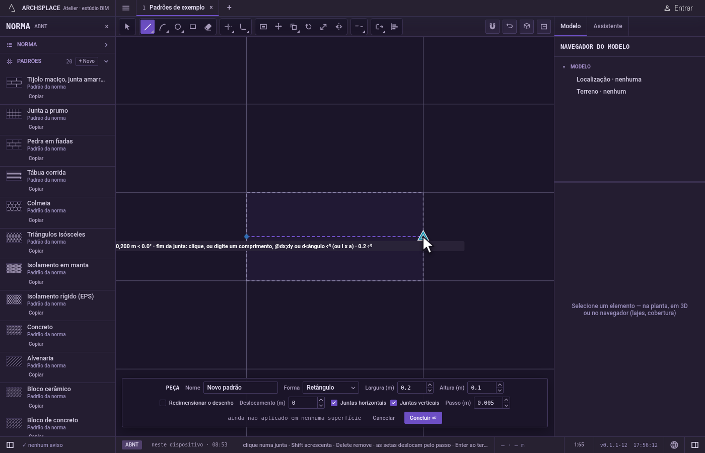 Coloque o segundo ponto. Uma prévia da junta acompanha o cursor, e a dica mostra o comprimento e o ângulo dela.