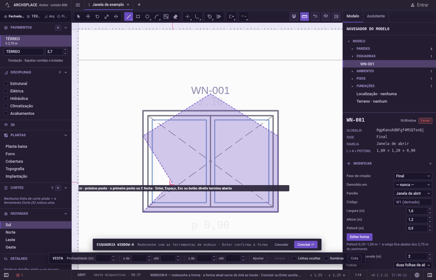 Clique nos cantos seguintes. Uma reta acompanha o cursor a partir do último canto, e a dica mostra o comprimento dela.