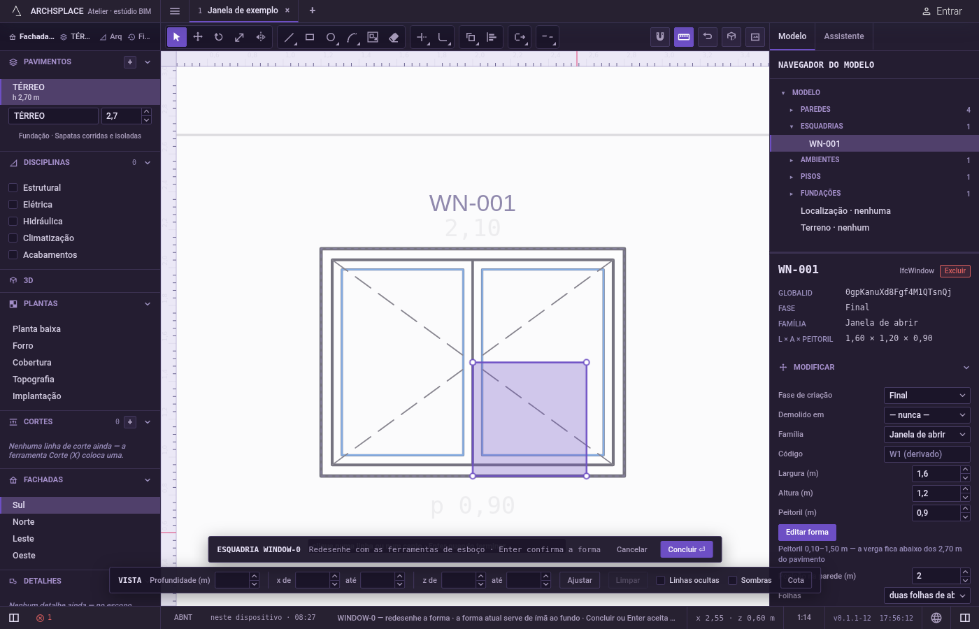 Clique onde ele cai. Uma prévia do desenho movido acompanha o cursor, com uma linha a partir do ponto base, e a dica mostra a distância.