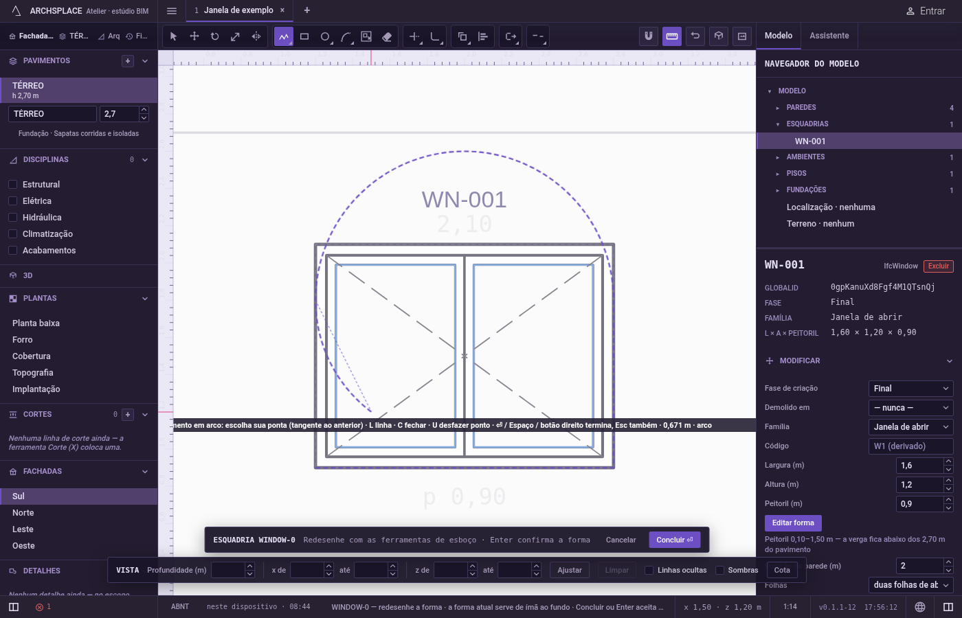 Passe para arcos e volte. A partir do segundo ponto, aperte A: o próximo trecho é um arco tangente ao anterior, terminando onde você clica, e a dica mostra arco.